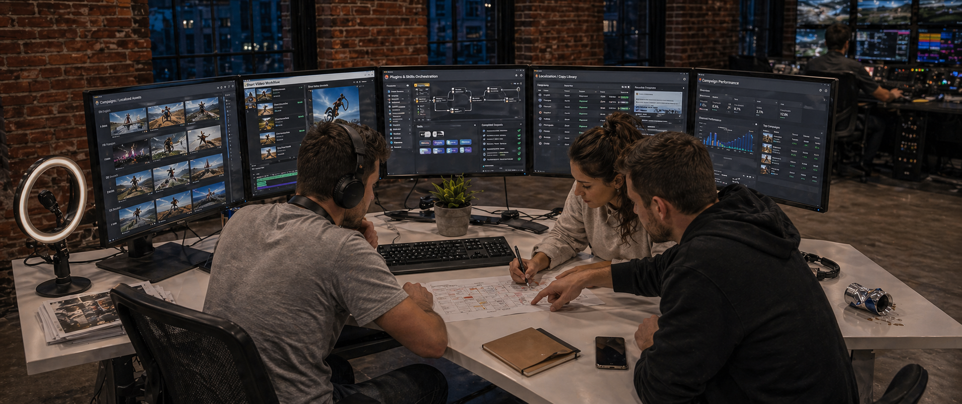 Trois personnes collaborant sur la localisation et l'orchestration des skills.